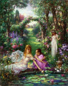 庭の睡蓮の池の女の子たち Oil Paintings